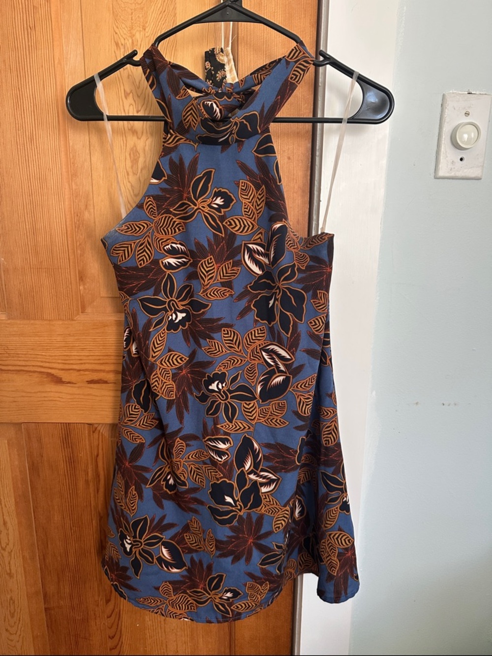 Urban Outfitters Blue Floral Halter Mini Dress with Brown Print